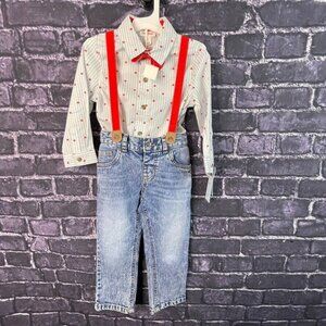 Cat & Jack 3T Boy Heart Striped Shirt Jeans Suspender Bow Set